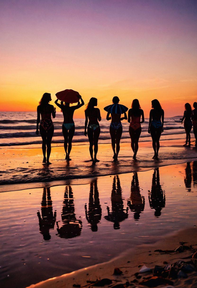 A picturesque beach scene featuring diverse silhouettes of individuals showcasing a variety of stylish swimsuits, each reflecting different vibes such as playful, elegant, and adventurous. The sun sets in the background, casting a warm glow and enhancing the beach atmosphere. Incorporate seashells and colorful beach towels scattered in the foreground to add detail. Capture the essence of summer with vibrant colors and an inviting ambiance. vibrant colors. super-realistic.