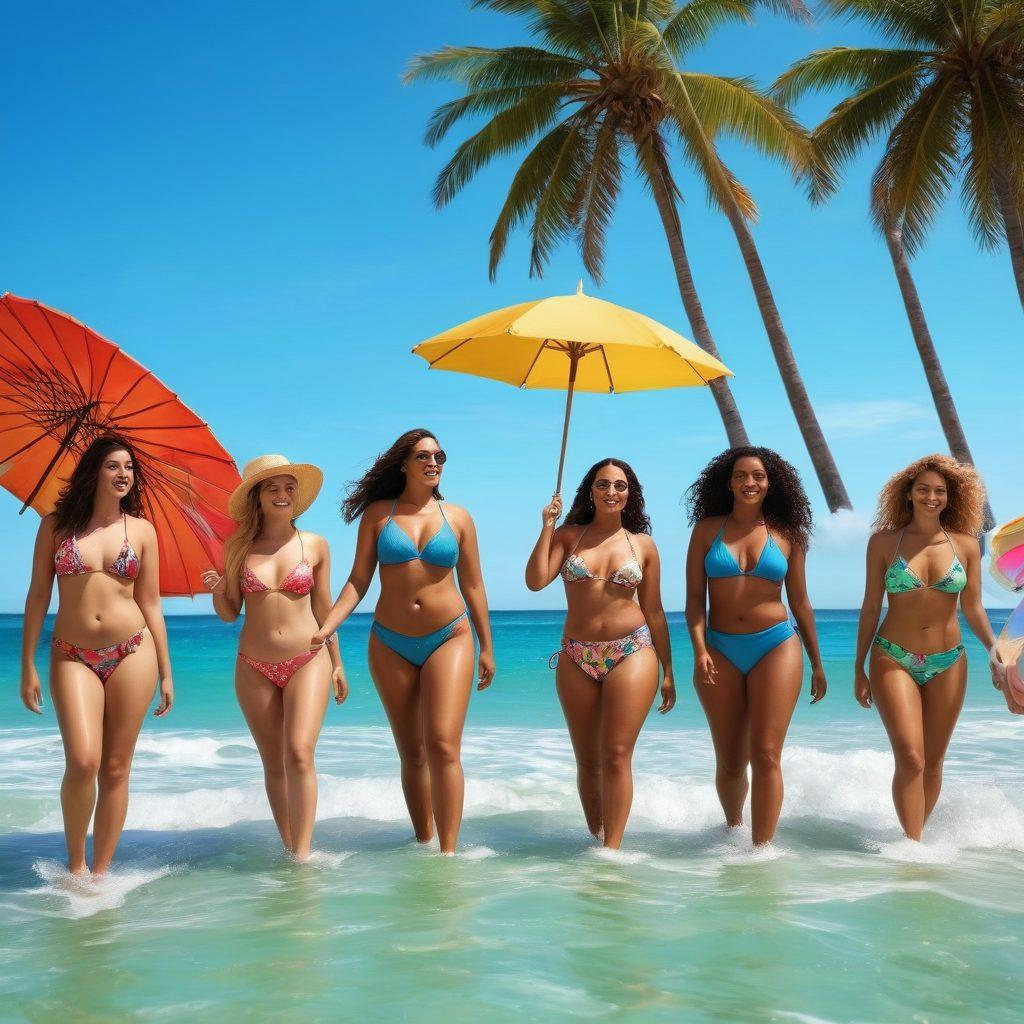 A vibrant beach scene showing a diverse group of people of various body types and styles, showcasing playful swimwear alongside more provocative options. Include colorful beach umbrellas, surfboards, and tropical plants in the background. The sky is bright blue and the ocean waves are gently crashing in the foreground. This image conveys a sense of fun, freedom, and celebration of body positivity. super-realistic. vibrant colors.